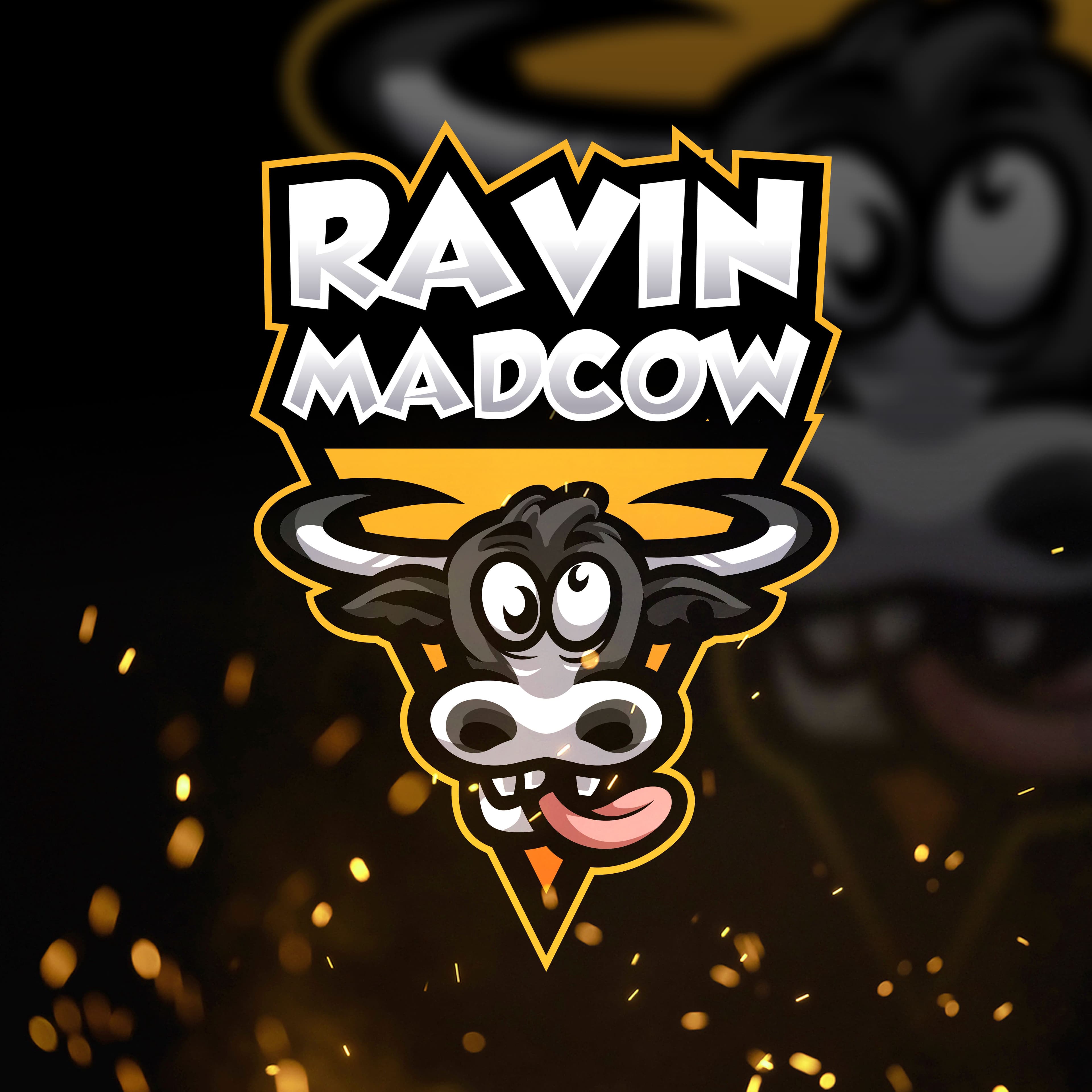 Ravinmadcow logo — a cartoon mad cow mascot with a gold outline